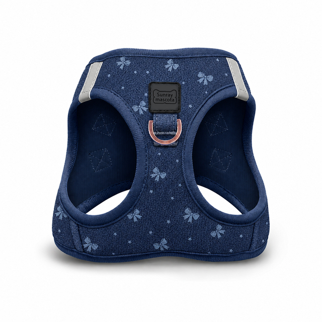 Sunraymascota Bowknot Print Denim Fabric Fashion Adjustable No Pull Comfortable Vest Luxury Small Dog Puppy Dog Harness Set